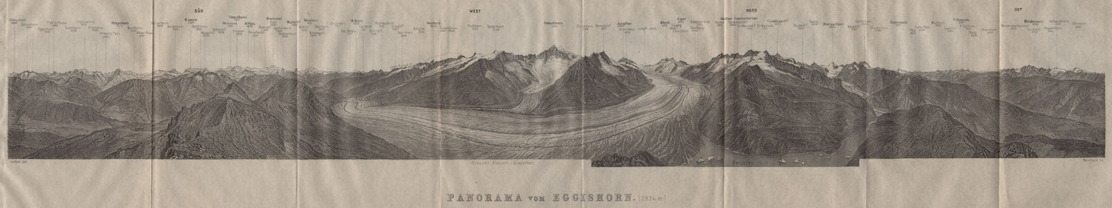 EGGISHORN PANORAMA Aletschhorn Glacier Nesthorn Mont Blanc Leone Eiger 1911 map